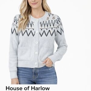 House of Harlow 1960 Light Blue Sweater Cardigan Geometric Pattern Size XS